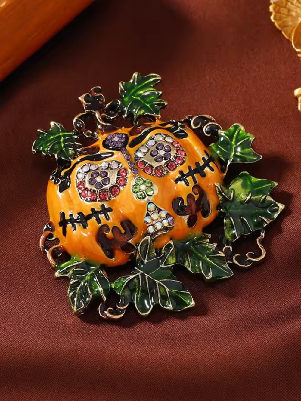 Halloween Pumpkin Brooch with Green Leaves and Multicolor Rhinestones